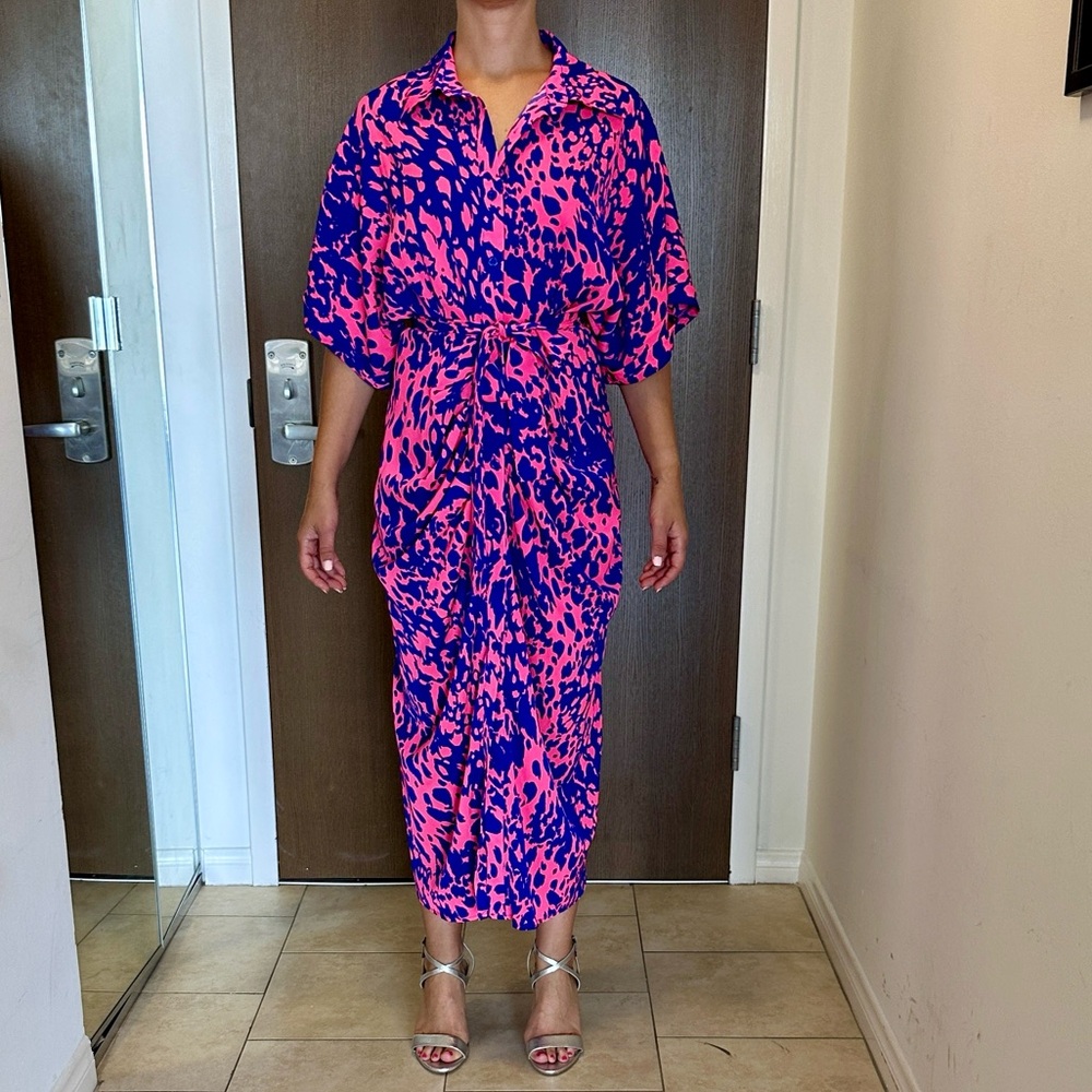 Neon Pink/Royal Blue Patterned Ruched Button Front Dress w/Elastic Waist & Sash
